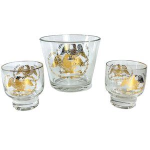 VTG MCM Barware Golden Eagle Crest Ice Bucket and Glass Set American Patriotic
